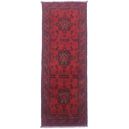 Orangy-red Afghan Khan strip with geometric 3 gul motif design.