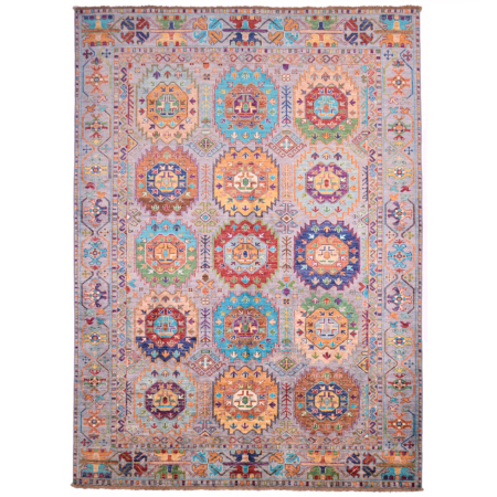 Colourful Waziri rug with 15 guls on a grey ground.