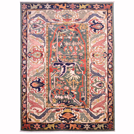 Antique design Afghan Bidjar carpet with abstract floral design on a green ground with wide floral main border with beige base colour.