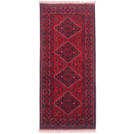 Rich red and black with touches of green and white Afghan Fine Kunduz runner with geometric design of 4 medallions.