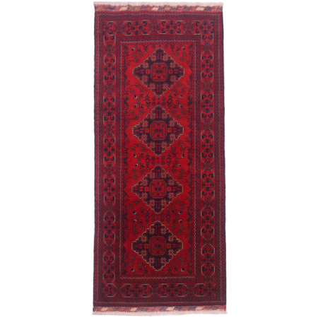 Rich red and black Afghan fine Kunduz runner with geometric 4 medallion design.