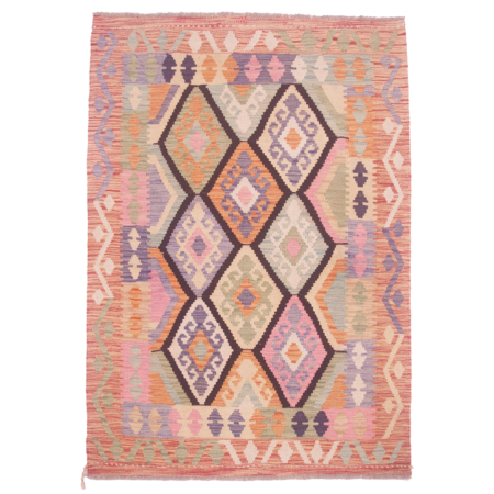 Handwoven Afghan Soft Colour Kilim with contrasting black lattice; all over geometric design.
