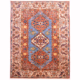 Antique style Qashqai design rug with blue field linked geometric design and beige border.