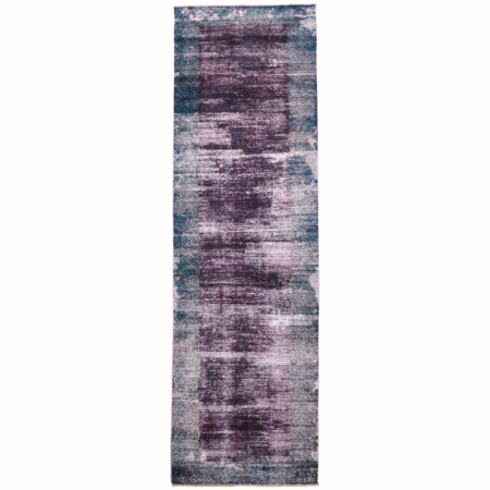 Overdye runner with distressed pile of plain aubergine field with teal green border of ghostly paisley design.