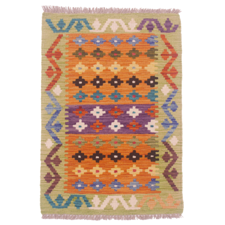 Small Kilim Rug from Afghanistan with geometric design in colours of green, orange and purple.