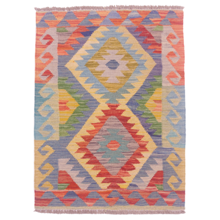 Multi-colour Veg Dye Kilim mat from Afghanistan with geometric double medallion design.
