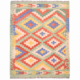 Colourful Kilim Rug from Afghanistan, green with rust, blue, yellow and cream. All over geometric design of stepped medallions.