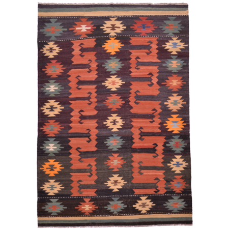 Handwoven wool Afghan Labijar Kilim with traditional geometric design in colours of terracotta, charcoal, aubergine, soft green, gold, and blue.