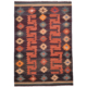 Handwoven wool Afghan Labijar Kilim with traditional geometric design in colours of terracotta, charcoal, aubergine, soft green, gold, and blue.