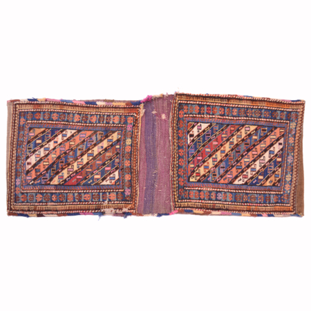 Antique Shahsavan Khorjin double bag with diagonal stripe design.