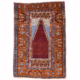 Semi Antique Turkish Prayer rug with plain dark red field , light blue mihrab and orange border.
