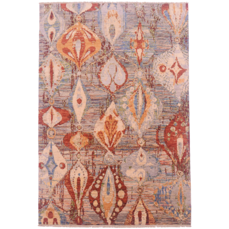 Handmade hand-knotted Afghan wool pile rug with abstract lantern motifs in orange, terracotta, rust, blue, ivory, green, and muted grey shades.