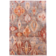 Handmade hand-knotted Afghan wool pile rug with abstract lantern motifs in orange, terracotta, rust, blue, ivory, green, and muted grey shades.