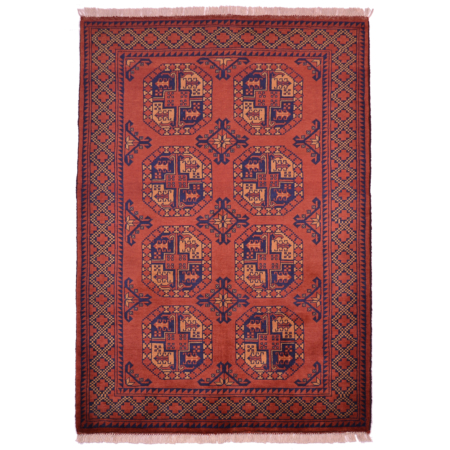 Classic Afghan Kargahi rug with Fil Pai design on a coppery-red ground colour.