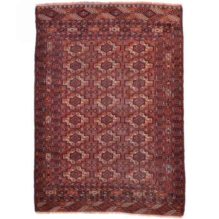 Tekke antique rug, brown with soft orange and beige; geometric all over design of 24 guls.