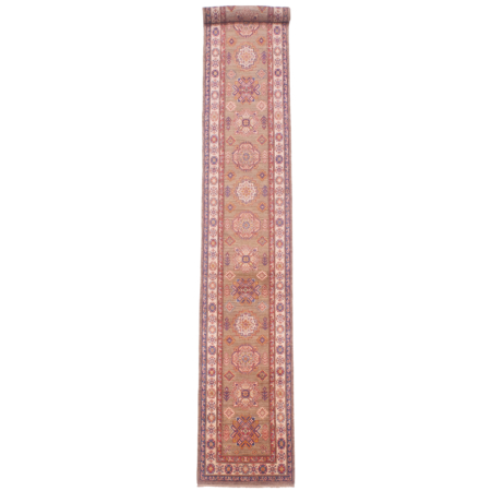 Extra long fine Kazak runner with geometric 15 medallion design on a light brown field.