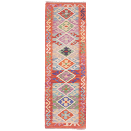 Colourful multi-colour with rust border Kelim runner from Afghanistan with geometric 9 medallion design.