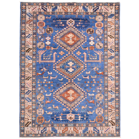 Blue hand-knotted wool pile Afghan Shirvan design rug with geometric medallion design.