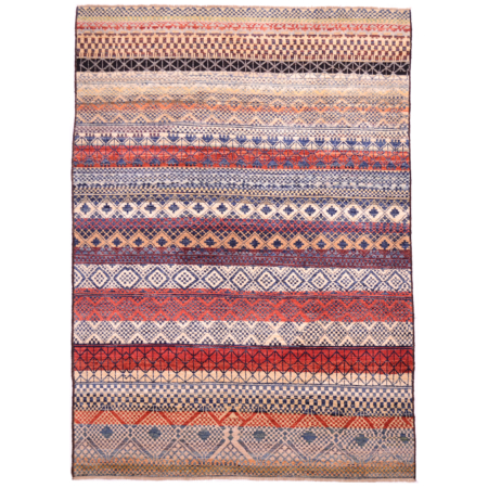 Afghan Montage carpet: hand-knotted modern Afghan rug from Afghanistan with design of colourful bands of pattern.