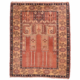 Old Milas prayer rug with asymmetrical geometric design in orangey-brown, gold, grey-green and cream colours.