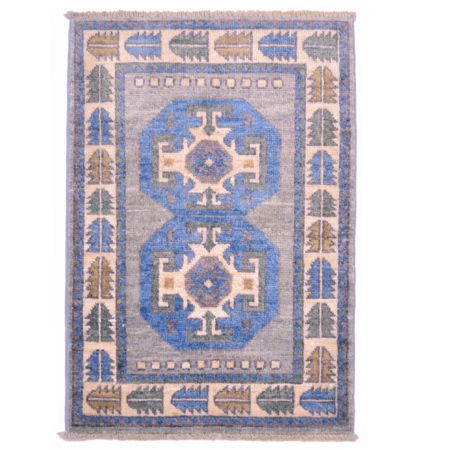 Oushak mat from Afghanistan grey with double octagon medallion in blue.