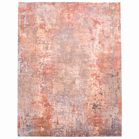 Twilight Oxidize carpet: a masterpiece abstract rug with colours of rust, grey and cream. Wool and silk high-low pile.