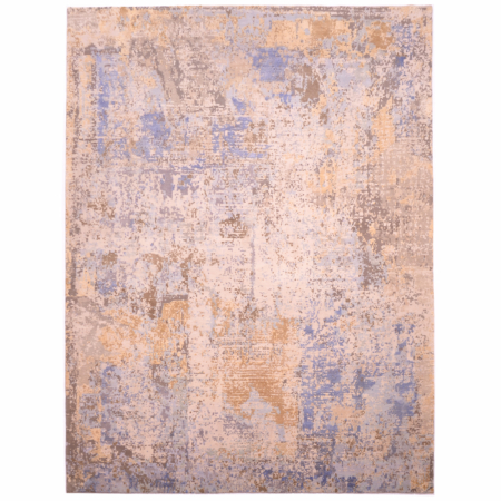 Twilight Tranquility carpet: a masterpiece abstract rug with colours of gold, yellow, grey and cream. Wool and silk high-low pile.