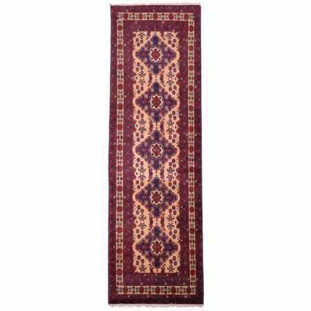 Kunduz runner rug with beige field, 5 dark blue medallions, along with red.