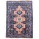 Semi Antique Senneh rug: geometric design. Blue with blue-black & faded pink.