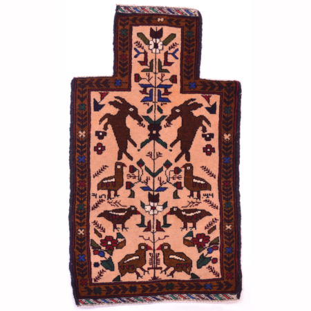 Belouch Salt bag face with theme of birds and animals on a beige ground.