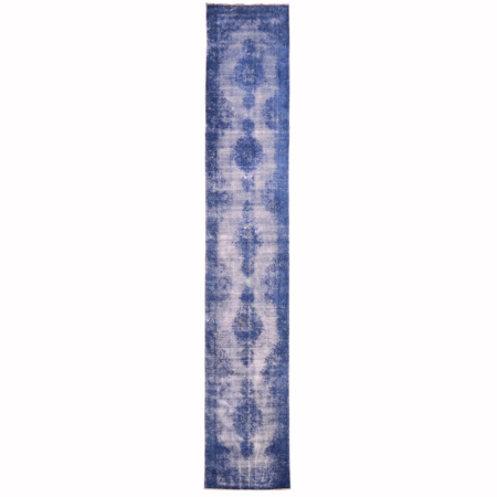 Distressed zero pile finish extra long Overdye runner in blue.
