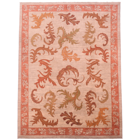 Hand-knotted Afghan Arts and Crafts carpet with all over large scale floral design on a neutral grey field.