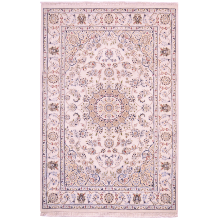 Cream Indian Nain rug with elegant medallion design.