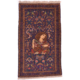 Handwoven Afghan Pictorial old Belouch rug depicting a portrait of a young woman on a dark blue ground surrounded with geometric floral motifs and birds.
