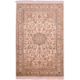 Cream with apricot and blue fine Indian Silk Kashmiri rug with elegant floral medallion design.