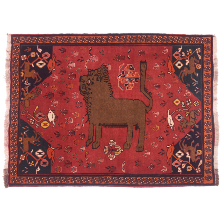 Fine quality hand-knotted wool pile Persian Qashqai Lion rug with madder-terracotta main colour & dark blue & green corners.