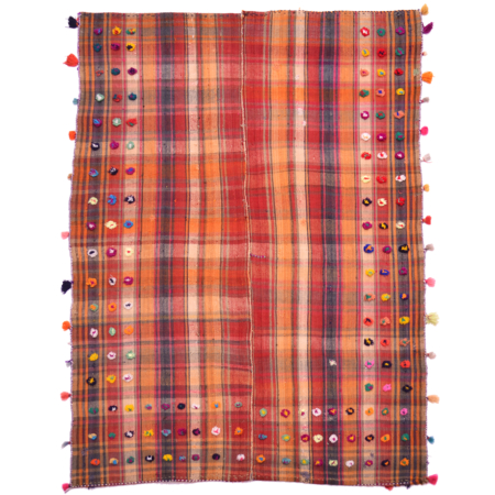Vintage Moj Jajim flat weave with checked design in red, orange, cream and blue.