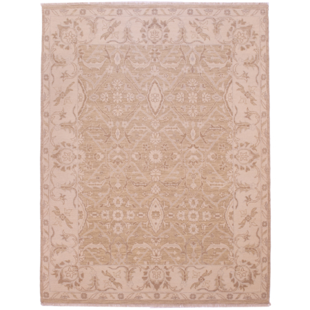 Understated floral design Tonal carpet from India in gold with beige border.