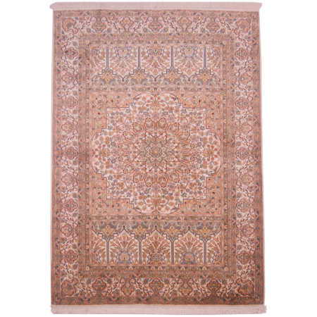 Elegant medallion style Fine silk Kashmir rug with colours of cream, apricot and sage green.