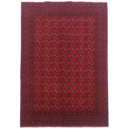 Hand-knotted Red Afghan Bokhara carpet with all over geometric design of bokhara motifs.