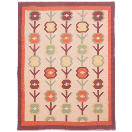 Scandinavian design Kilim rug with cream field of floral motifs in green, yellow, orange and brown bordered by a plain orange and brown surround.