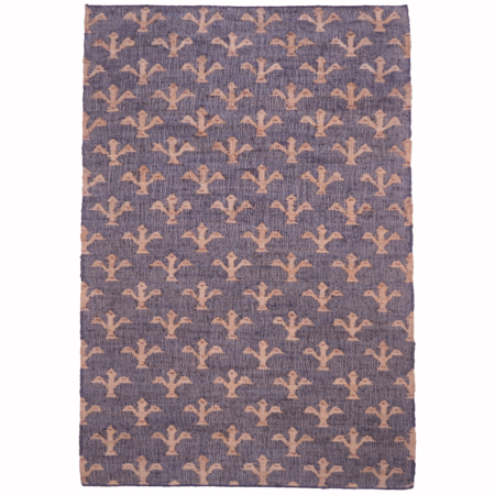 Indian jute kilim rug with a repeating Fleur de Lys pattern in natural and muted tones
