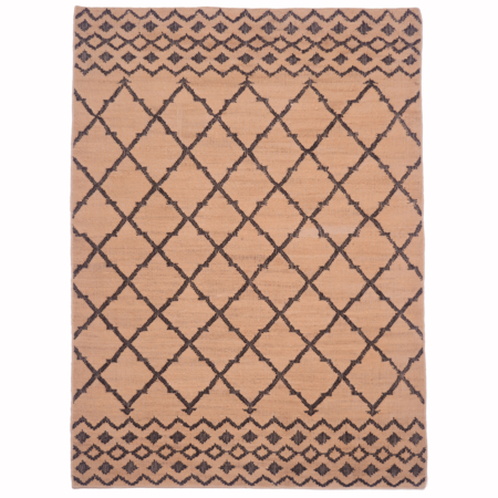 Handwoven jute kilim rug with a natural beige base, dark diamond lattice pattern, and decorative border.