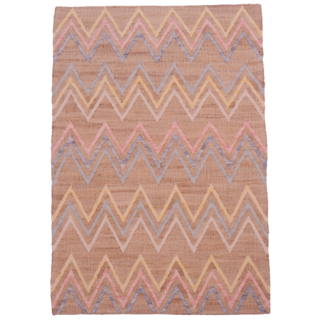 Handwoven jute kilim rug with a pastel chevron pattern in blush, beige, blue, and yellow.